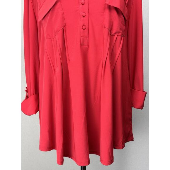 Ava & Grace Sz 1X Solid Red Stretch Knit Rolled Tab Popover Blouse Tunic Holiday - Picture 3 of 16